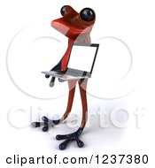 3d Red Springer Frog Holding A Laptop Computer