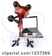 3d Red Springer Frog Pointing To And Holding A Laptop Computer