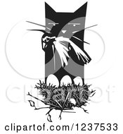 Poster, Art Print Of Woodcut Cat With A Dead Bird Over A Nest Black And White