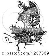 Poster, Art Print Of Woodcut Dargon Protecting Eggs In A Nest Black And White