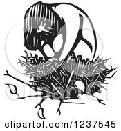 Woodcut Sad Girl Hugging Her Knees In A Nest In Black And White