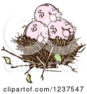 Woodcut Piggy Banks In A Nest