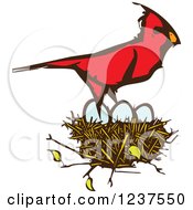 Woodcut Cardinal Bird Over Eggs In A Nest