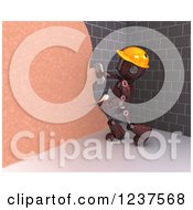 Poster, Art Print Of 3d Red Android Construction Robot Plastering Over A Brick Wall