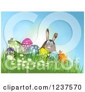 Poster, Art Print Of 3d Easter Bunny With Eggs Butterflies Grass And Flowers On A Hill