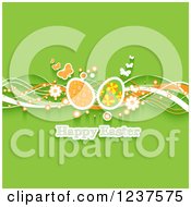Poster, Art Print Of Happy Easter Greeting With Waves Flowers Butterflies And Eggs On Green