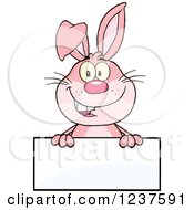 Clipart Of A Happy Pink Rabbit Over A Blank Sign Royalty Free Vector Illustration