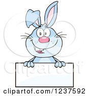 Clipart Of A Happy Blue Rabbit Over A Blank Sign Royalty Free Vector Illustration