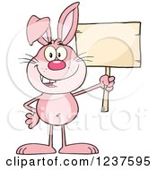 Clipart Of A Happy Pink Rabbit Holding A Wooden Sign Royalty Free Vector Illustration