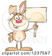 Clipart Of A Happy Brown Rabbit Holding A Wooden Sign Royalty Free Vector Illustration
