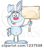 Clipart Of A Happy Blue Rabbit Holding A Wooden Sign Royalty Free Vector Illustration