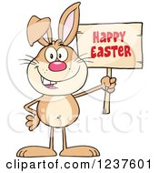 Clipart Of A Brown Rabbit Holding A Happy Easter Sign Royalty Free Vector Illustration