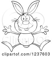 Clipart Of A Black And White Happy Rabbit Jumping Royalty Free Vector Illustration