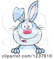 Clipart Of A Happy Blue Rabbit Over A Sign Royalty Free Vector Illustration