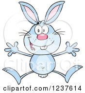 Clipart Of A Happy Blue Rabbit Jumping Royalty Free Vector Illustration