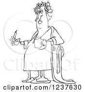 Clipart Of A Black And White Fat Woman In Curlers And A Robe Smoking A Cigarette And Holding Coffee Royalty Free Vector Illustration