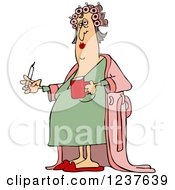 Poster, Art Print Of Fat Caucasian Woman In Curlers And A Robe Smoking A Cigarette And Holding Coffee