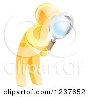 Clipart Of A 3d Gold Man Searching With A Magnifying Glass Royalty Free Vector Illustration