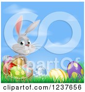 Poster, Art Print Of Gray Bunny Rabbit With Easter Eggs And A Basket Against Sky