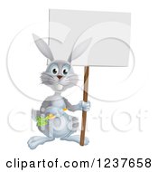 Poster, Art Print Of Happy Gray Rabbit Holding A Carrot And Blank Sign