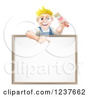 Happy Blond Male House Painter Holding A Brush And Pointing Down To A White Board Sign