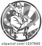 Poster, Art Print Of Black And White Woodcut Baseball Player Batting Over A Grayscale American Flag Circle
