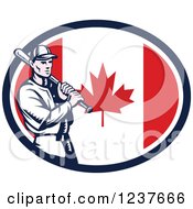 Woodcut Baseball Player Batting Over A Canadian Flag Oval