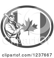 Poster, Art Print Of Black And White Woodcut Baseball Player Batting Over A Grayscale Canadian Flag Oval