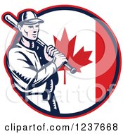 Poster, Art Print Of Woodcut Baseball Player Batting Over A Canadian Flag Circle