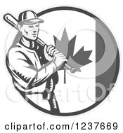 Poster, Art Print Of Black And White Woodcut Baseball Player Batting Over A Grayscale Canadian Flag Circle