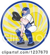 Clipart Of A Cartoon Baseball Catcher Man Crouching In A Sunshine Circle Royalty Free Vector Illustration