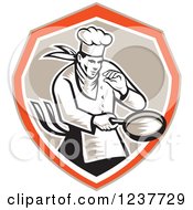 Clipart Of A Retro Woodcut Chef Holding A Frying Pan In A Tan And Orange Shield Royalty Free Vector Illustration