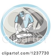 Clipart Of A Retro Woodcut Auto Mechanic Working On An Engine Royalty Free Vector Illustration