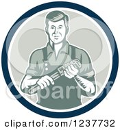 Poster, Art Print Of Retro Plumber Worker Man Holding A Monkey Wrench In A Circle