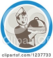 Poster, Art Print Of Young Male Chef Holding Out A Cloche Platter In A Blue And Beige Circle