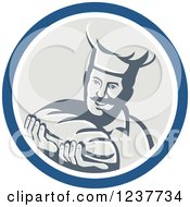 Clipart Of A Retro Male Chef Baker Holding Bread In A Beige And Blue Circle Royalty Free Vector Illustration