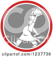 Clipart Of A White Male Chef Carrying A Cloche Platter In A Red And Gray Circle Royalty Free Vector Illustration