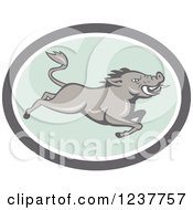 Poster, Art Print Of Gray Razorback Boar Leaping In A Gray And Pastel Green Oval