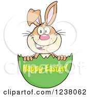 Clipart Of A Brown Rabbit In An Egg Shell With Happy Easter Text Royalty Free Vector Illustration by Hit Toon