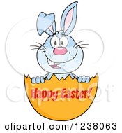 Clipart Of A Blue Rabbit In An Egg Shell With Happy Easter Text Royalty Free Vector Illustration by Hit Toon