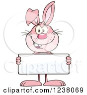 Clipart Of A Pink Rabbit Holding A Sign Royalty Free Vector Illustration