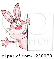 Clipart Of A Pink Rabbit Waving Around A Blank Sign Royalty Free Vector Illustration