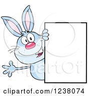 Clipart Of A Blue Rabbit Waving Around A Blank Sign Royalty Free Vector Illustration