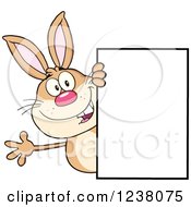 Clipart Of A Brown Rabbit Waving Around A Blank Sign Royalty Free Vector Illustration