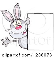 Clipart Of A Gray Rabbit Waving Around A Blank Sign Royalty Free Vector Illustration