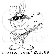 Clipart Of A Black And White Rabbit Playing A Guitar Royalty Free Vector Illustration