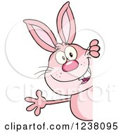 Clipart Of A Pink Rabbit Waving Around A Sign Royalty Free Vector Illustration