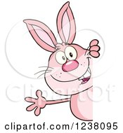 Poster, Art Print Of Pink Rabbit Waving Around A Sign