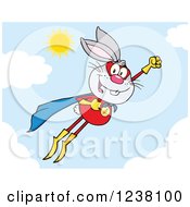 Clipart Of A Gray Rabbit Super Hero Flying In The Sky Royalty Free Vector Illustration