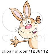 Clipart Of A Brown Rabbit Waving Around A Sign Royalty Free Vector Illustration